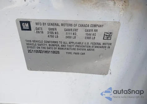 2017 Chevrolet Impala 1Lt z USA, uszkodzony, nr VIN 2G1105S31H9118626